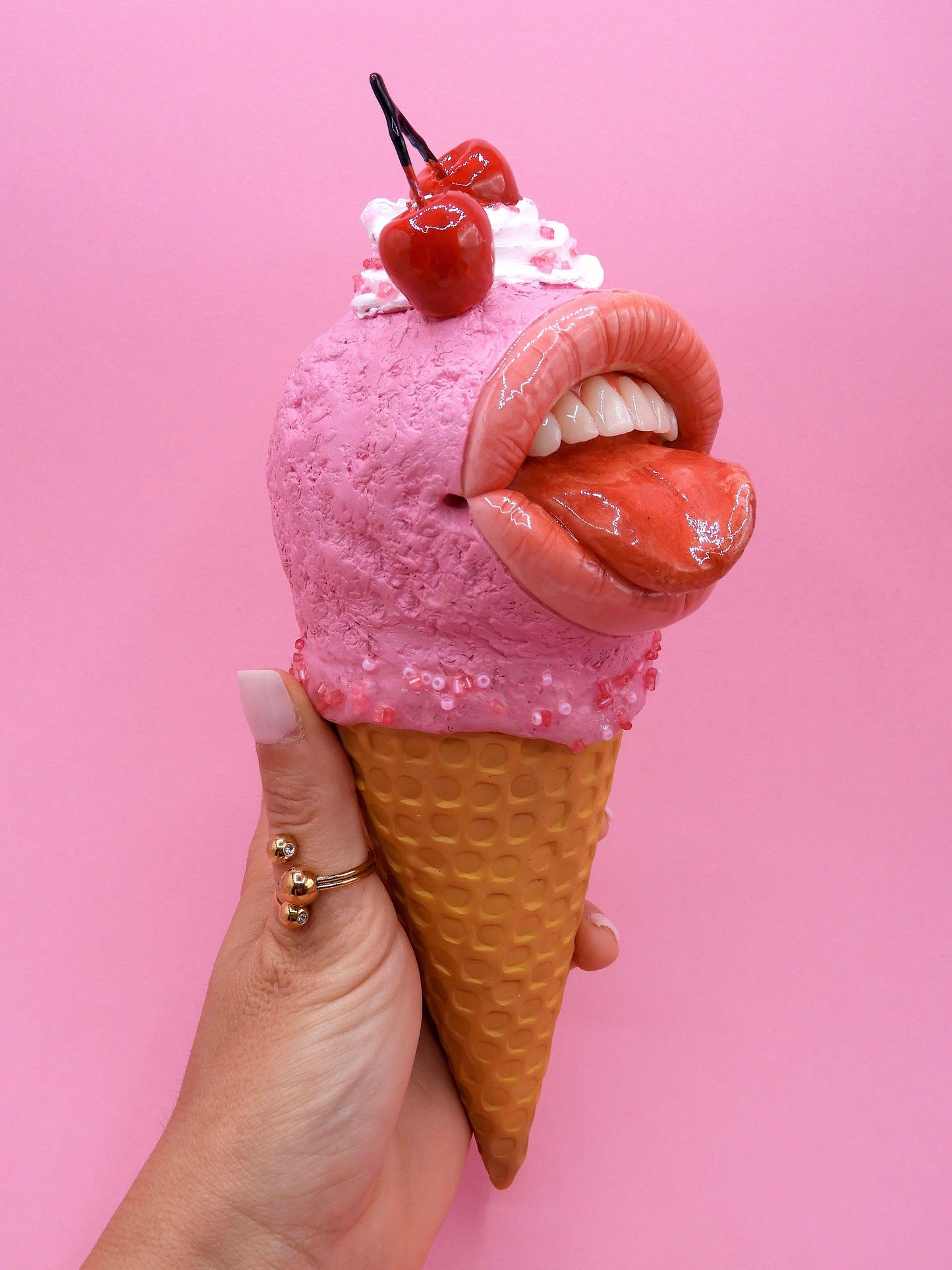 Pop Surreal Ice Cream with Mouth – Weird Sweet Decor – Surrealism Sculpture – Handmade Polymer Clay Art