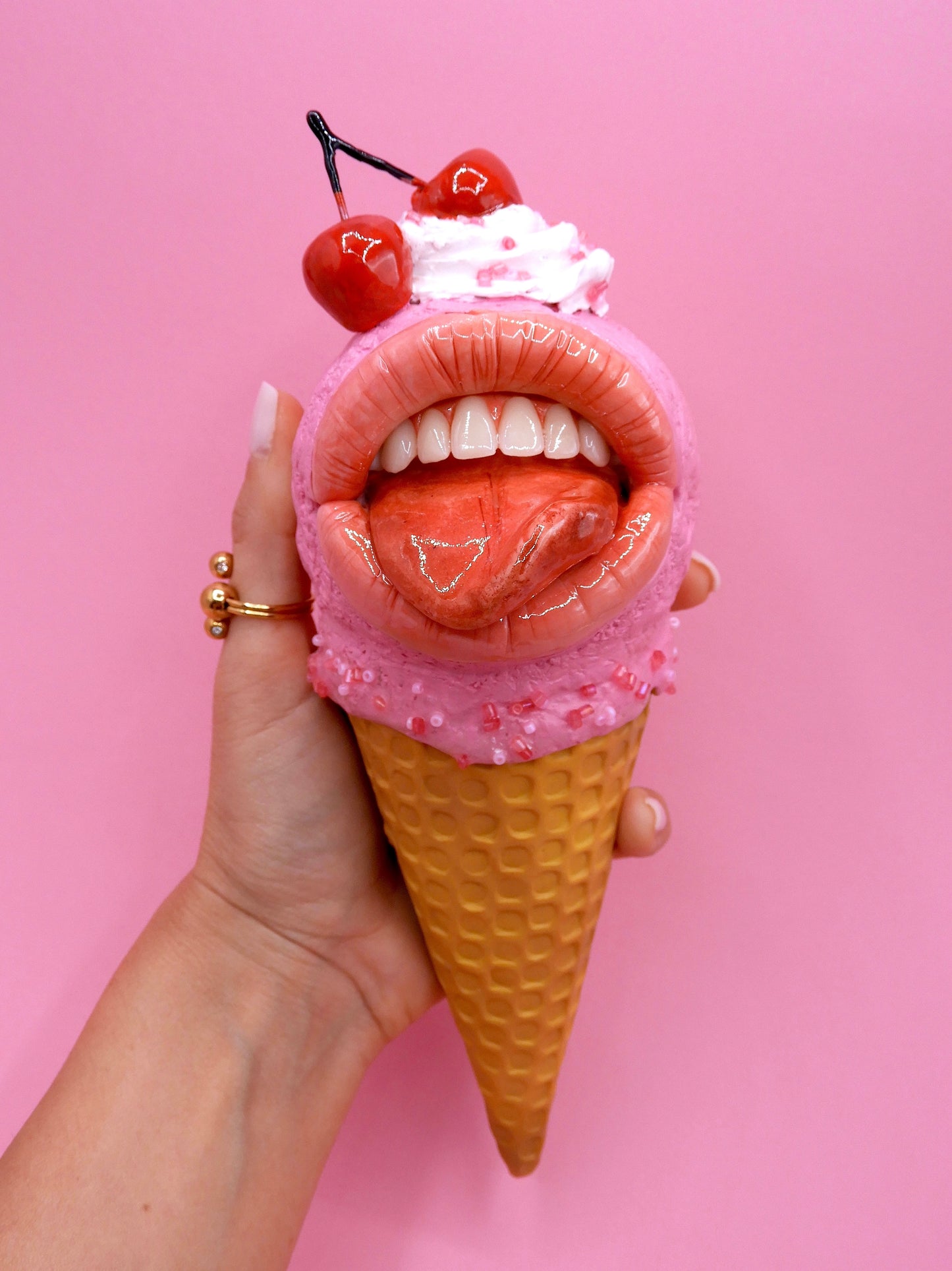Pop Surreal Ice Cream with Mouth – Weird Sweet Decor – Surrealism Sculpture – Handmade Polymer Clay Art