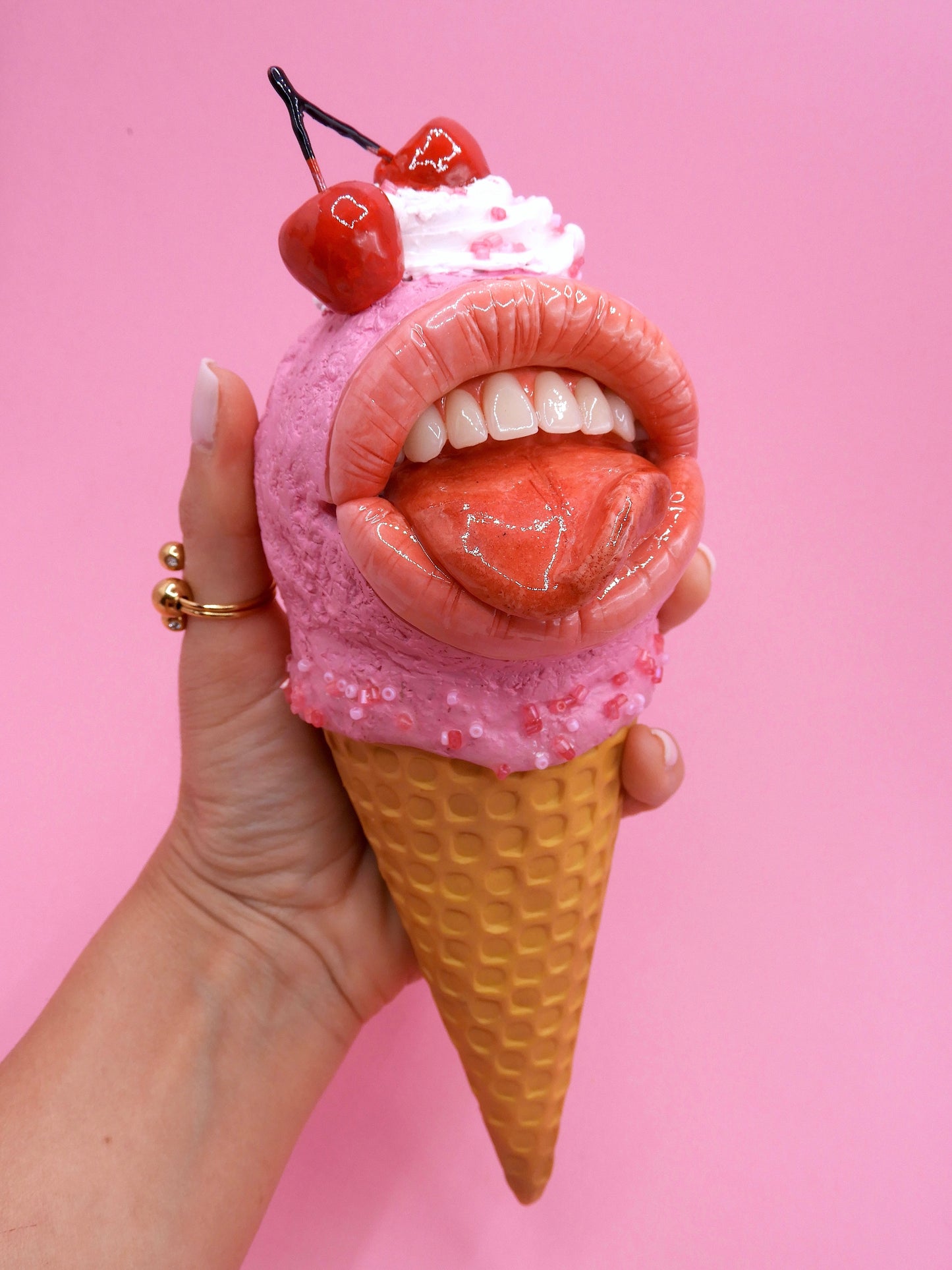 Pop Surreal Ice Cream with Mouth – Weird Sweet Decor – Surrealism Sculpture – Handmade Polymer Clay Art