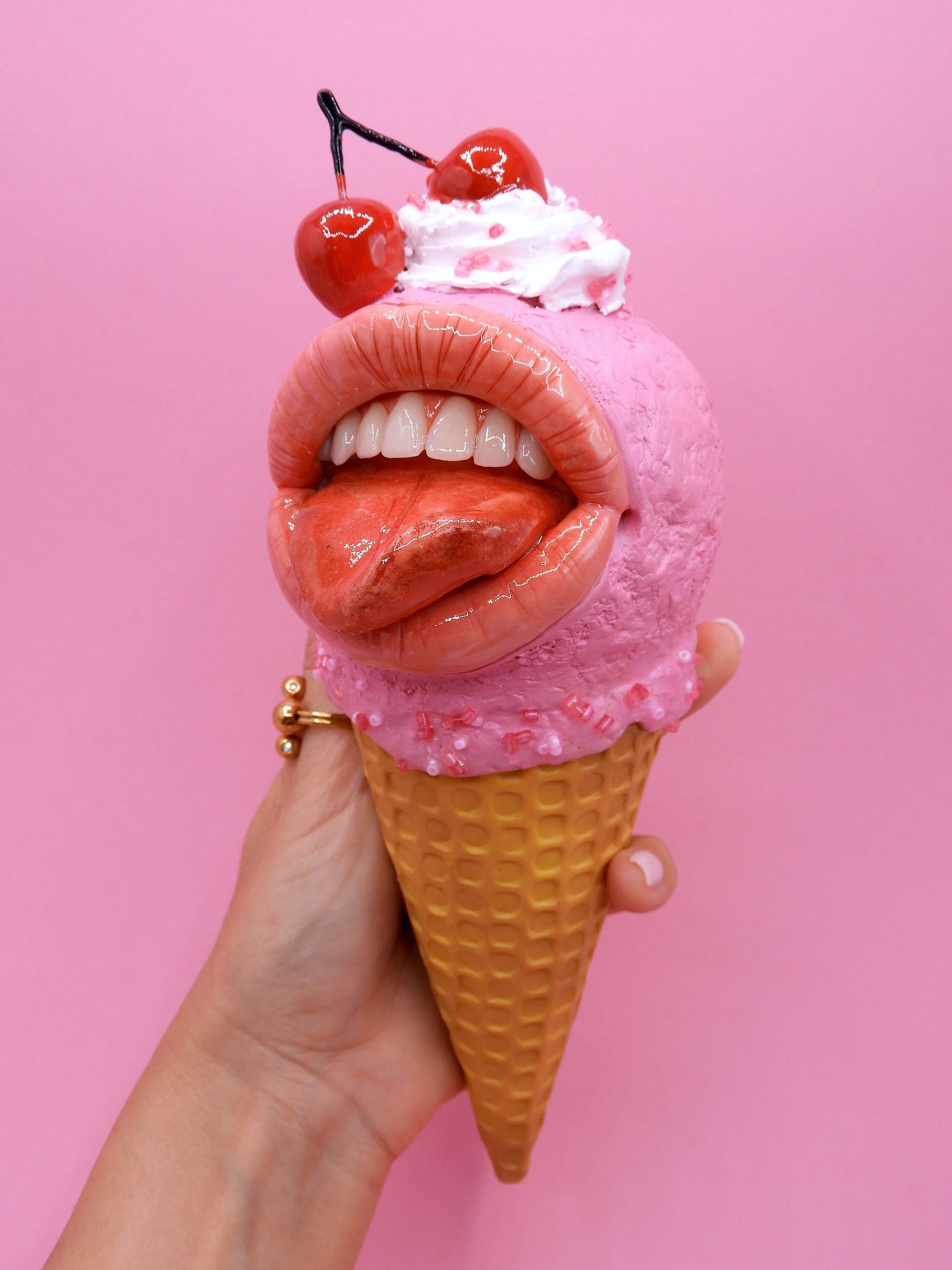 Pop Surreal Ice Cream with Mouth – Weird Sweet Decor – Surrealism Sculpture – Handmade Polymer Clay Art