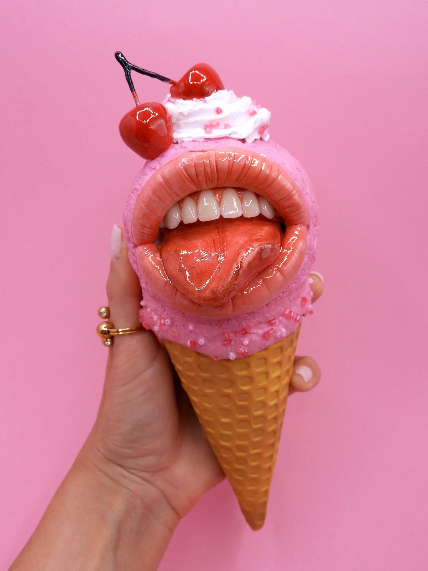 Pop Surreal Ice Cream with Mouth – Weird Sweet Decor – Surrealism Sculpture – Handmade Polymer Clay Art