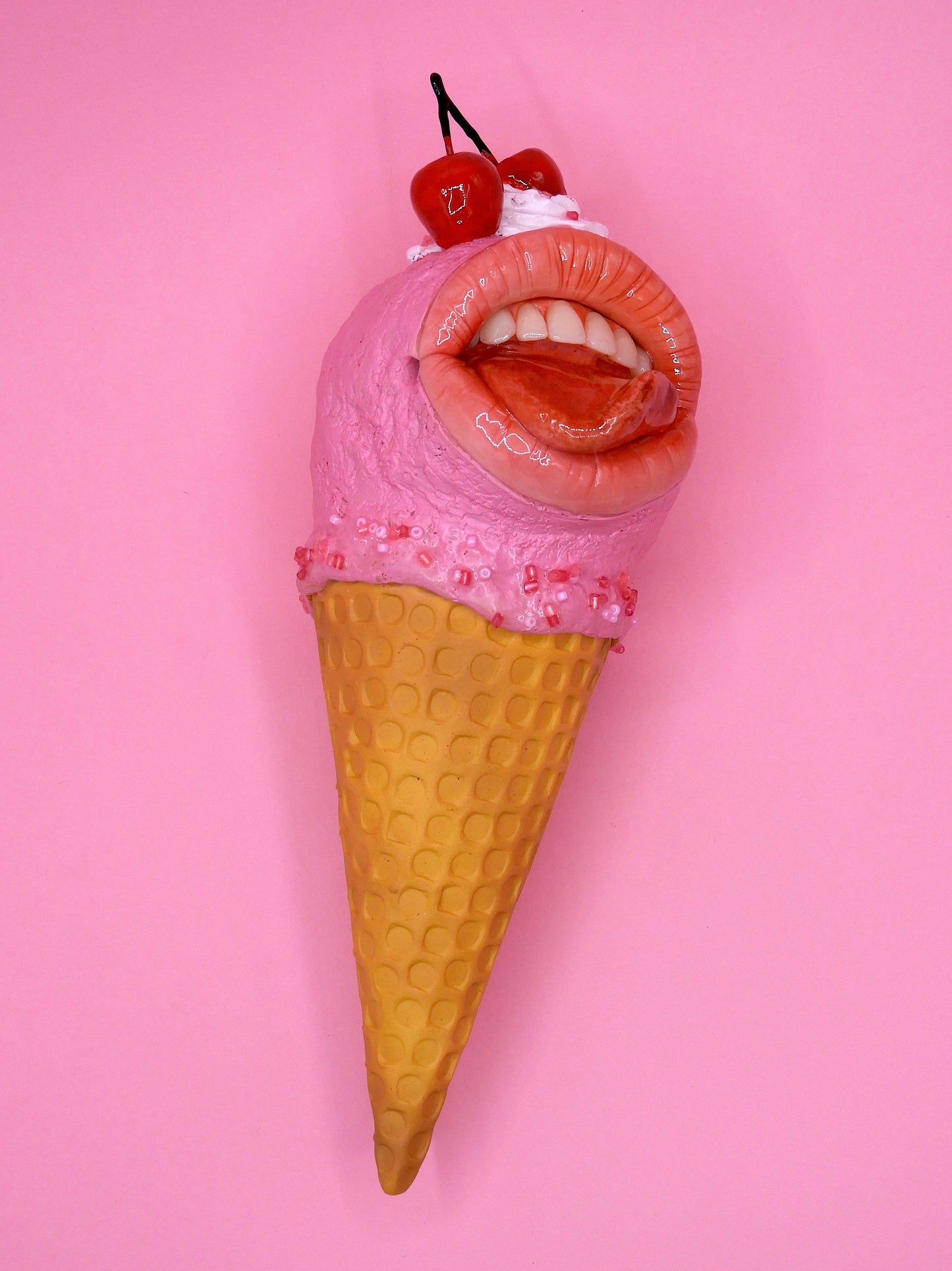 Pop Surreal Ice Cream with Mouth – Weird Sweet Decor – Surrealism Sculpture – Handmade Polymer Clay Art