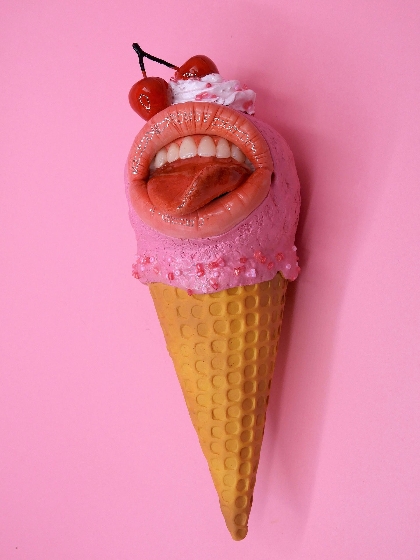 Pop Surreal Ice Cream with Mouth – Weird Sweet Decor – Surrealism Sculpture – Handmade Polymer Clay Art