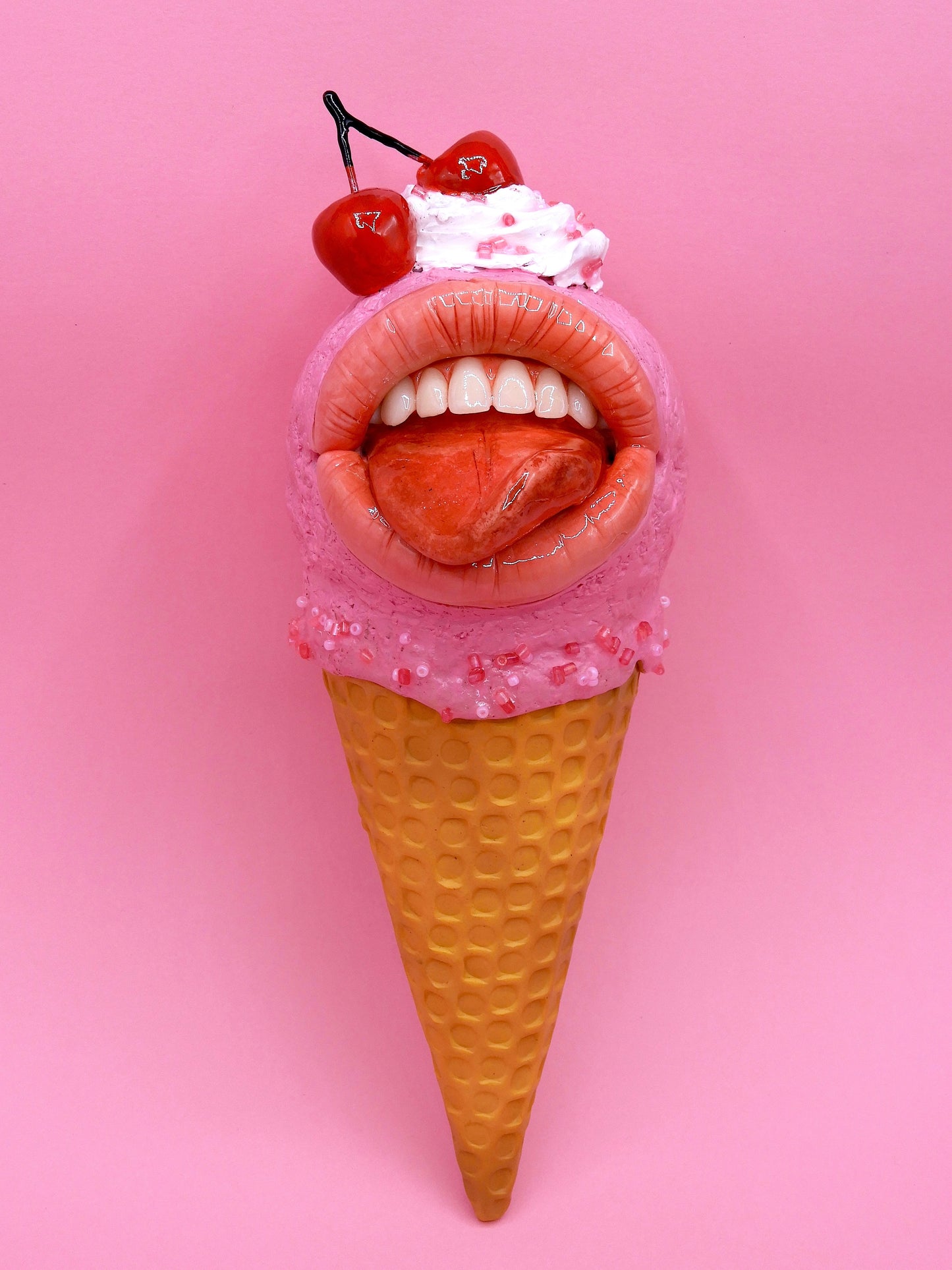 Pop Surreal Ice Cream with Mouth – Weird Sweet Decor – Surrealism Sculpture – Handmade Polymer Clay Art