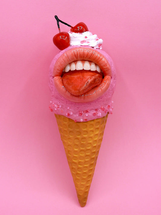 Pop Surreal Ice Cream with Mouth – Weird Sweet Decor – Surrealism Sculpture – Handmade Polymer Clay Art