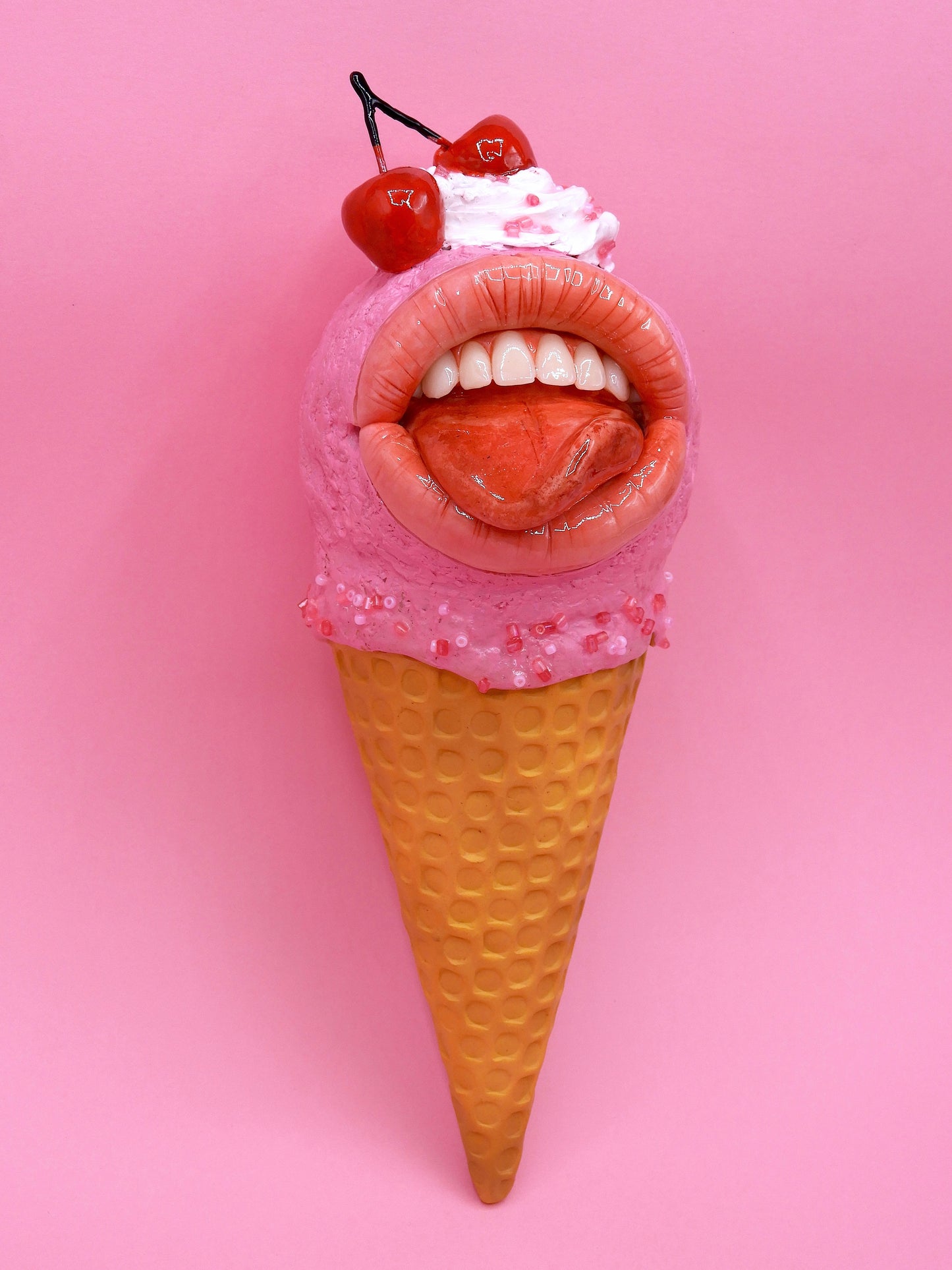 Pop Surreal Ice Cream with Mouth – Weird Sweet Decor – Surrealism Sculpture – Handmade Polymer Clay Art