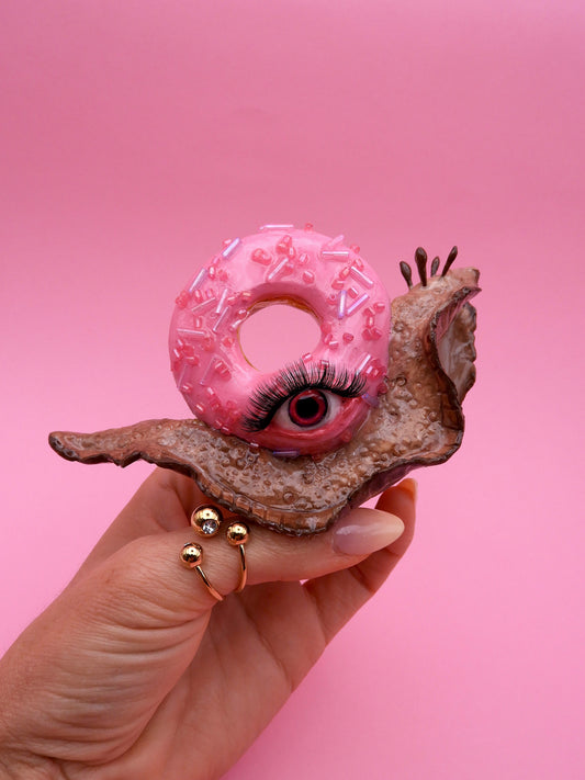 Pop Surreal Snail with Donuts – Weird Sweet Decor – Surrealism Sculpture – Handmade Polymer Clay Art