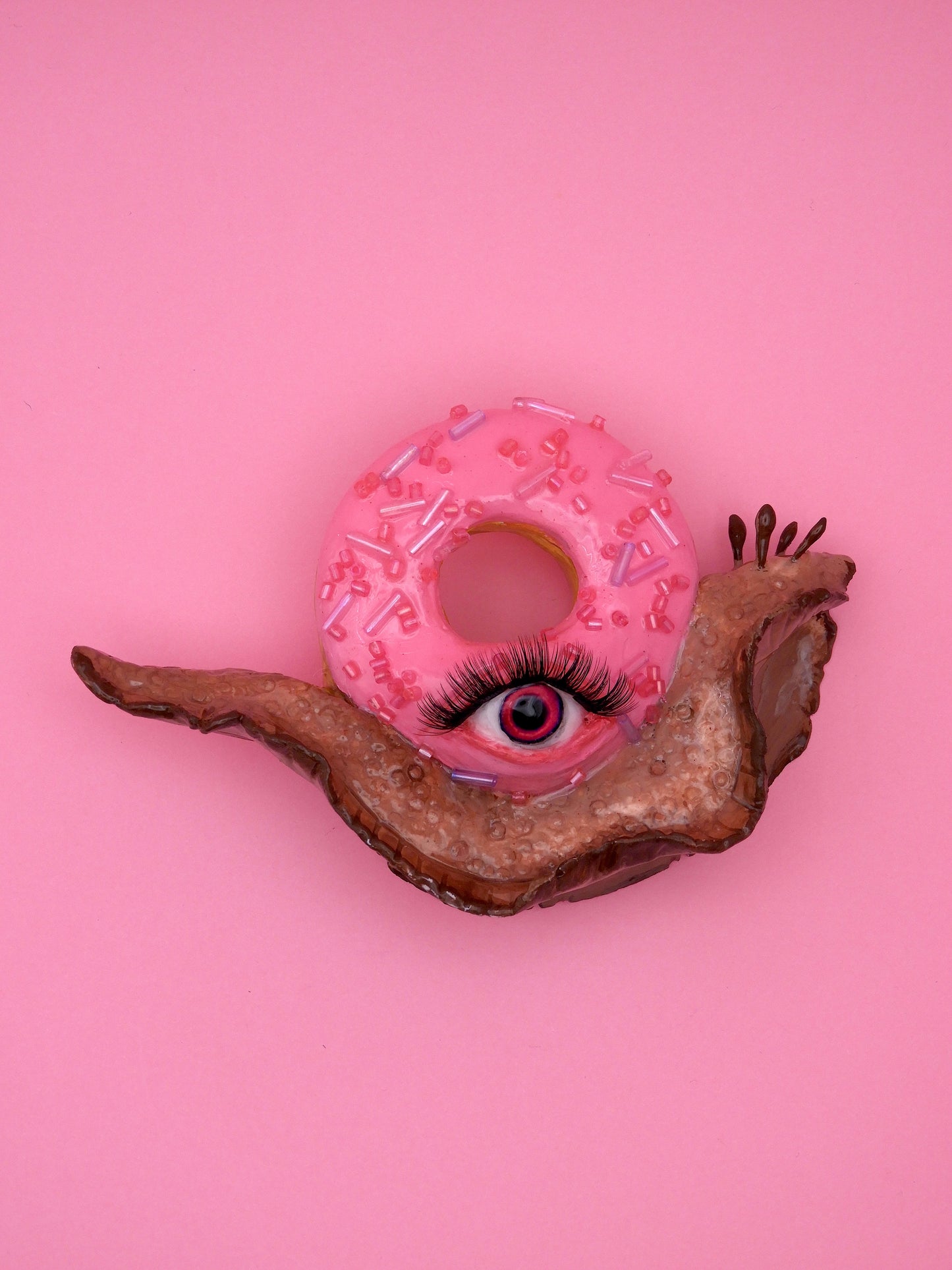 Pop Surreal Snail with Donuts – Weird Sweet Decor – Surrealism Sculpture – Handmade Polymer Clay Art