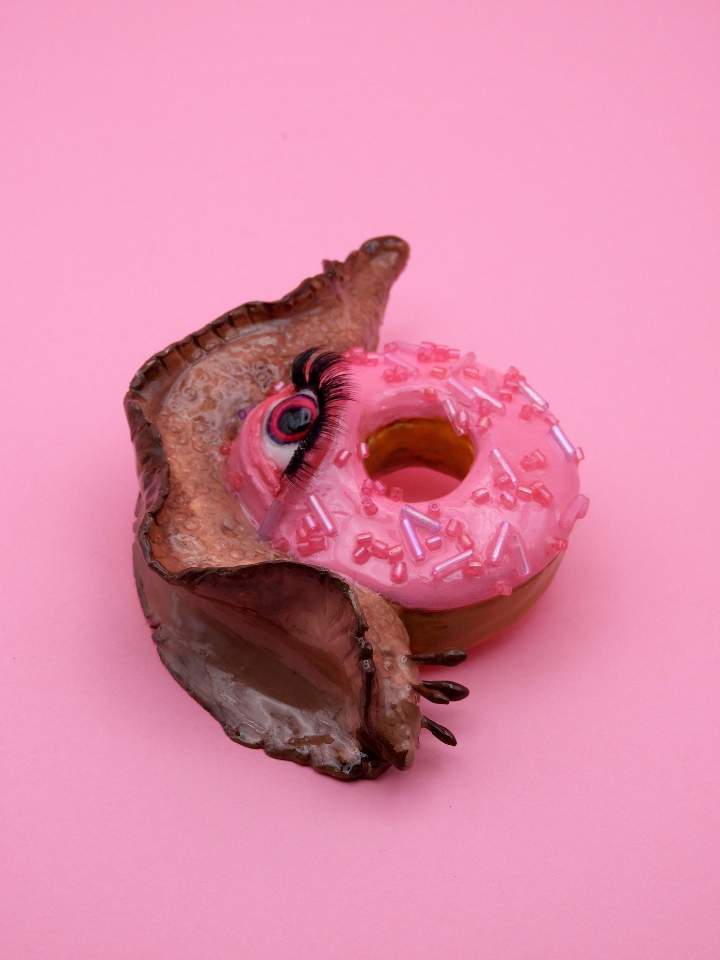 Pop Surreal Snail with Donuts – Weird Sweet Decor – Surrealism Sculpture – Handmade Polymer Clay Art