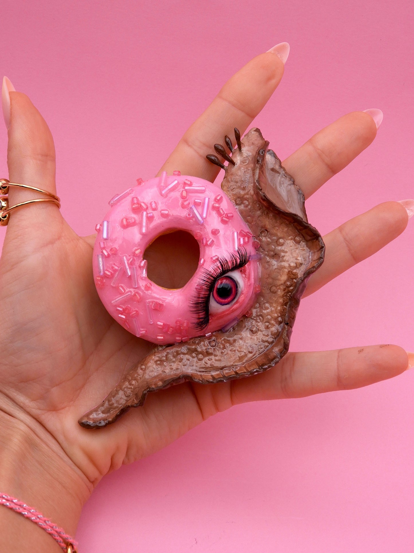 Pop Surreal Snail with Donuts – Weird Sweet Decor – Surrealism Sculpture – Handmade Polymer Clay Art
