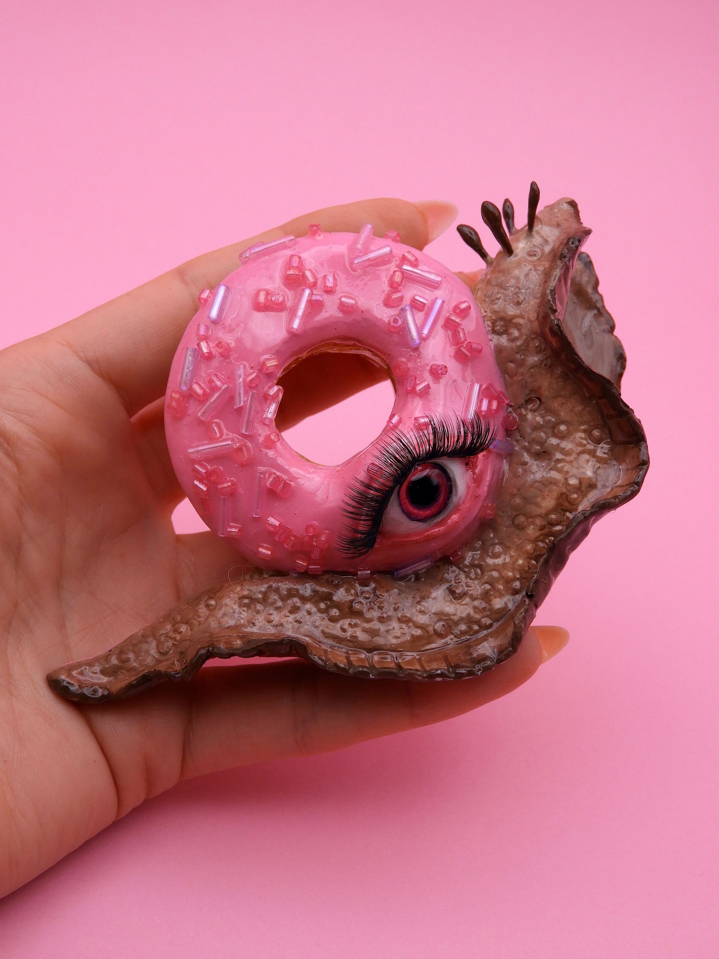 Pop Surreal Snail with Donuts – Weird Sweet Decor – Surrealism Sculpture – Handmade Polymer Clay Art
