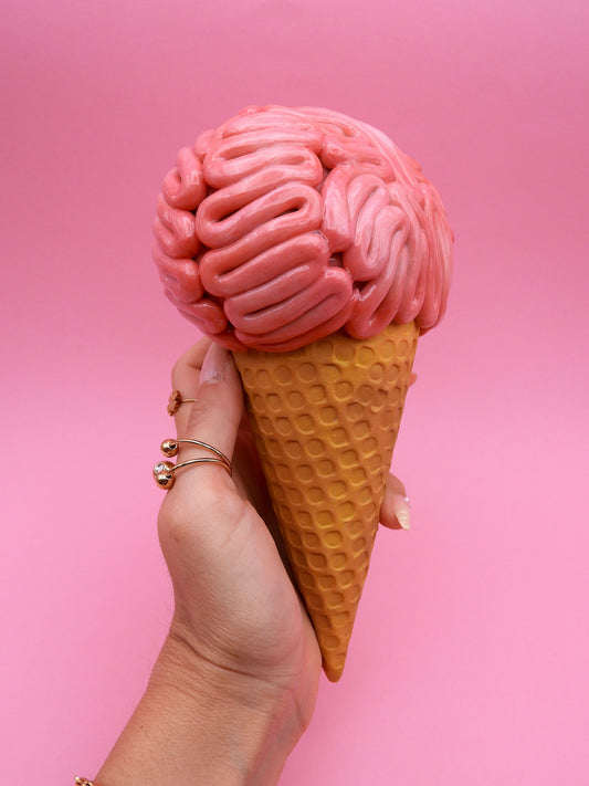Brain Ice Cream Sculpture – Pink Surreal Wall Art – Creepy Cute Resin Decor – Handmade Pop Surrealism Art Piece