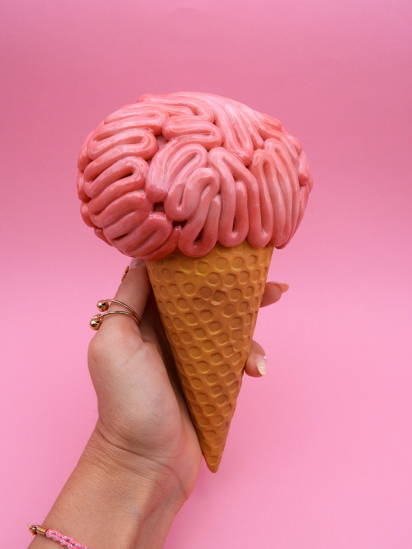 Brain Ice Cream Sculpture – Pink Surreal Wall Art – Creepy Cute Resin Decor – Handmade Pop Surrealism Art Piece