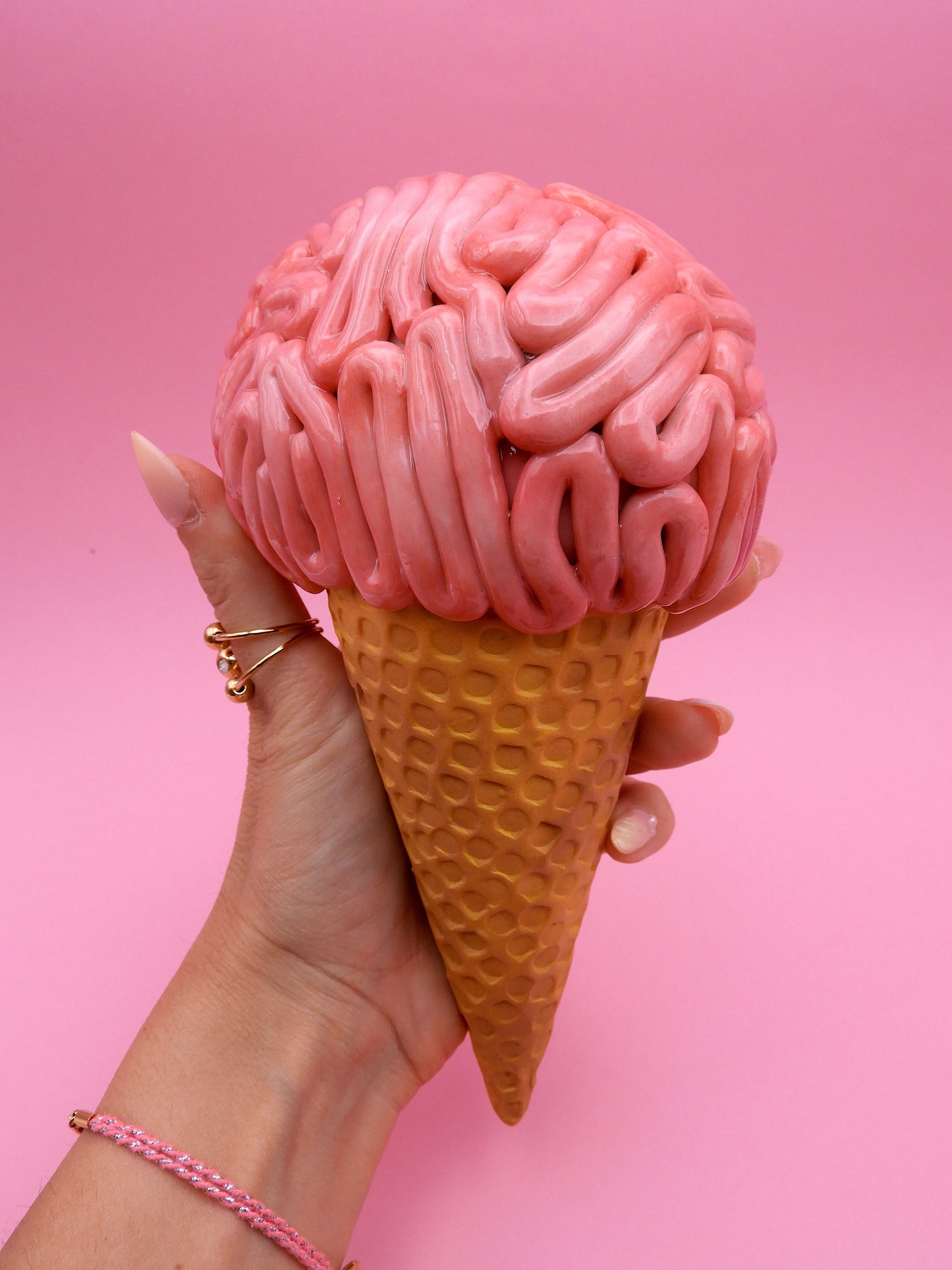 Brain Ice Cream Sculpture – Pink Surreal Wall Art – Creepy Cute Resin Decor – Handmade Pop Surrealism Art Piece