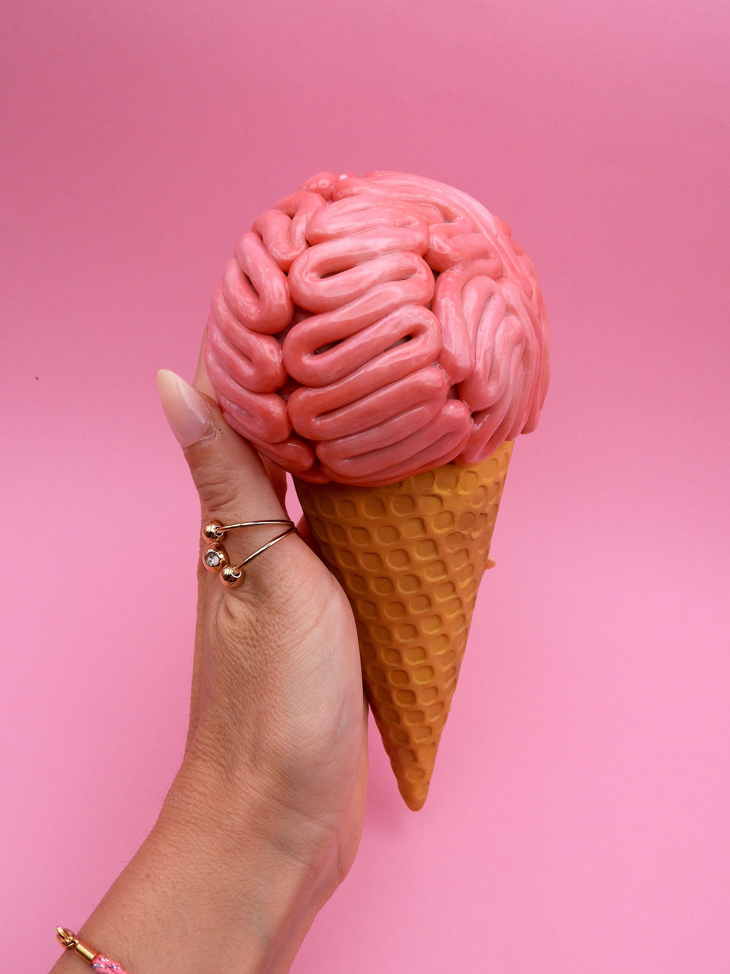 Brain Ice Cream Sculpture – Pink Surreal Wall Art – Creepy Cute Resin Decor – Handmade Pop Surrealism Art Piece