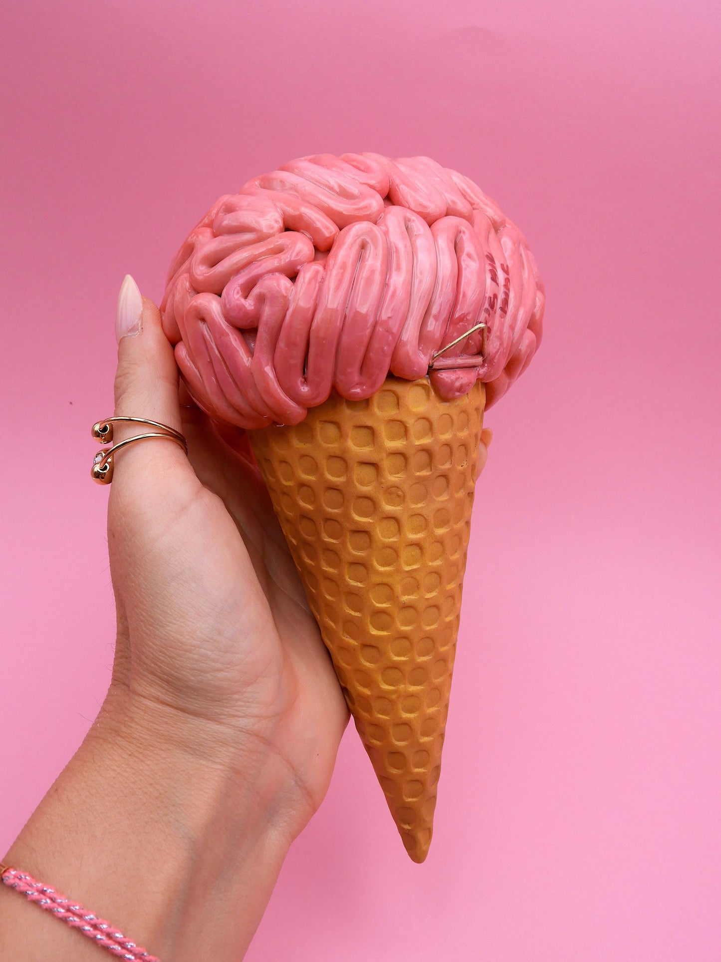 Brain Ice Cream Sculpture – Pink Surreal Wall Art – Creepy Cute Resin Decor – Handmade Pop Surrealism Art Piece