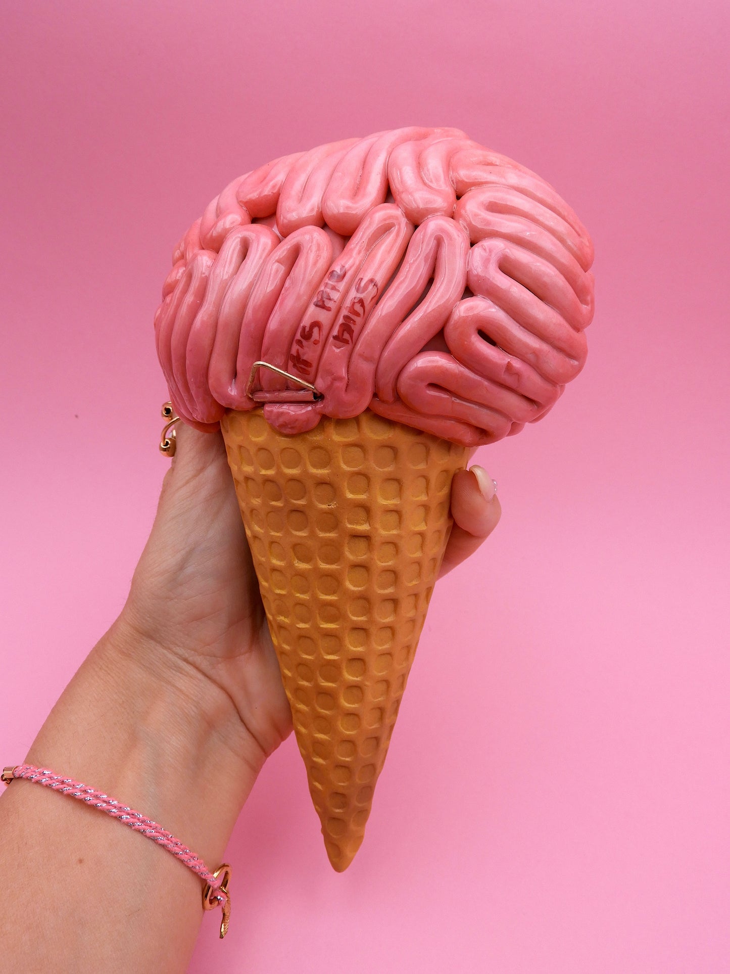 Brain Ice Cream Sculpture – Pink Surreal Wall Art – Creepy Cute Resin Decor – Handmade Pop Surrealism Art Piece