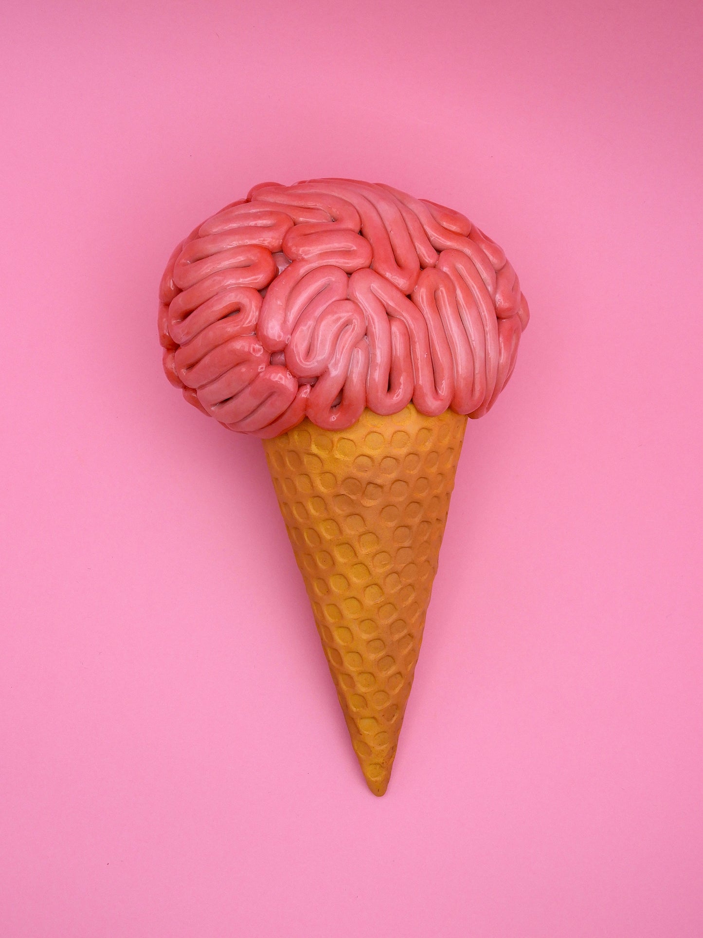 Brain Ice Cream Sculpture – Pink Surreal Wall Art – Creepy Cute Resin Decor – Handmade Pop Surrealism Art Piece