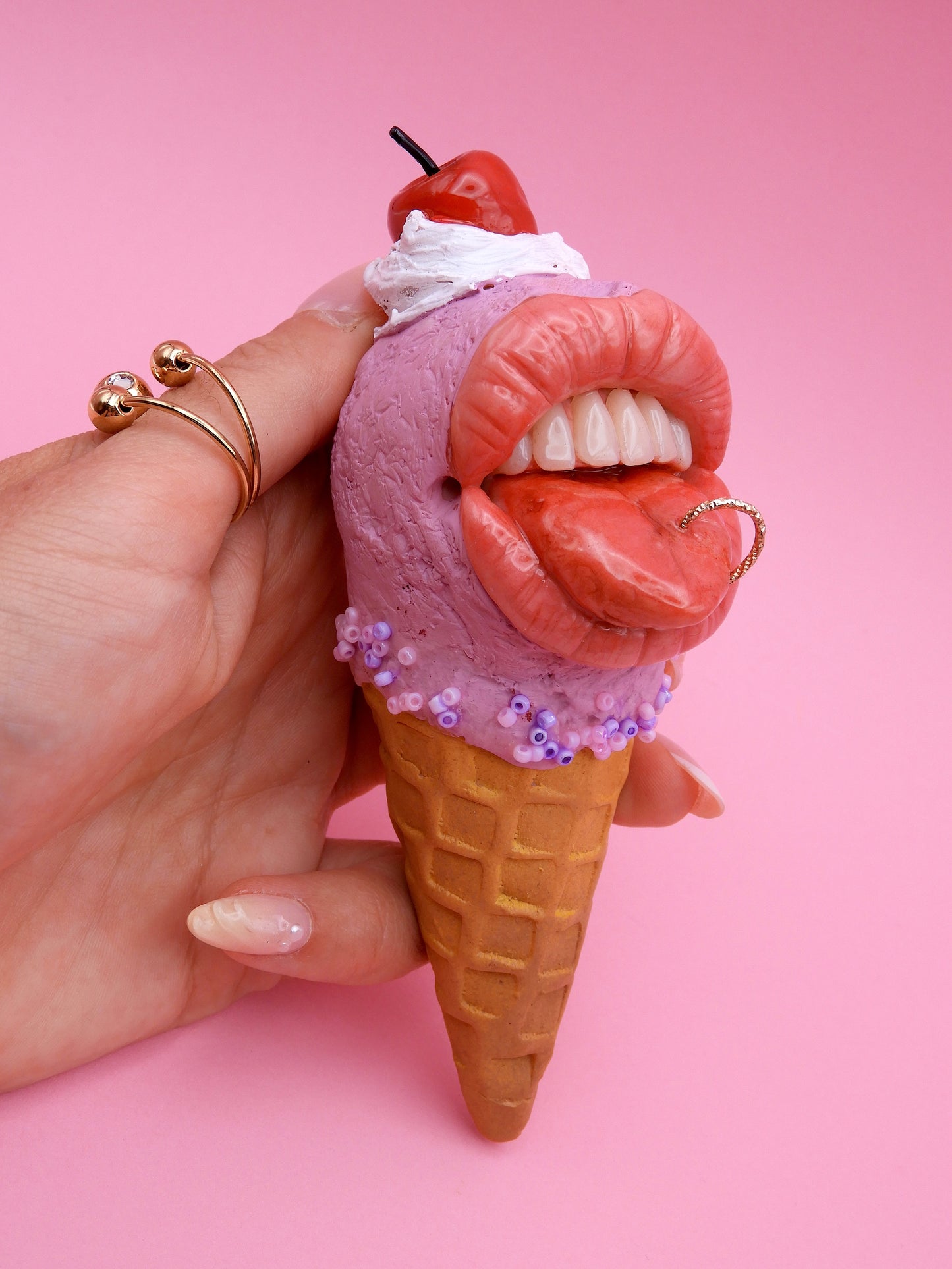 Mini Pop Surreal Ice Cream with Mouth – Weird Sweet Decor – Surrealism Sculpture – Handmade Polymer Clay Art