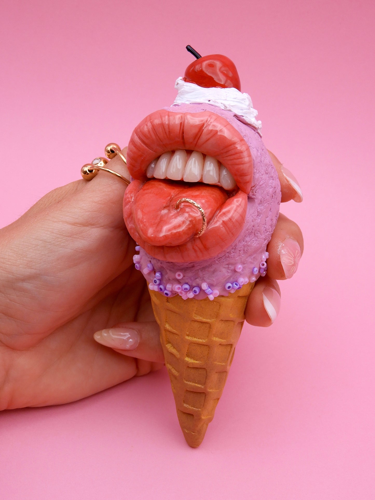 Mini Pop Surreal Ice Cream with Mouth – Weird Sweet Decor – Surrealism Sculpture – Handmade Polymer Clay Art