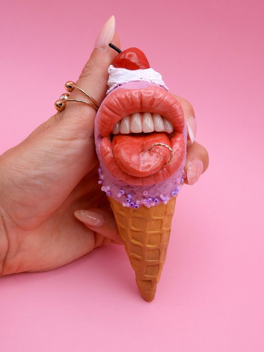 Mini Pop Surreal Ice Cream with Mouth – Weird Sweet Decor – Surrealism Sculpture – Handmade Polymer Clay Art