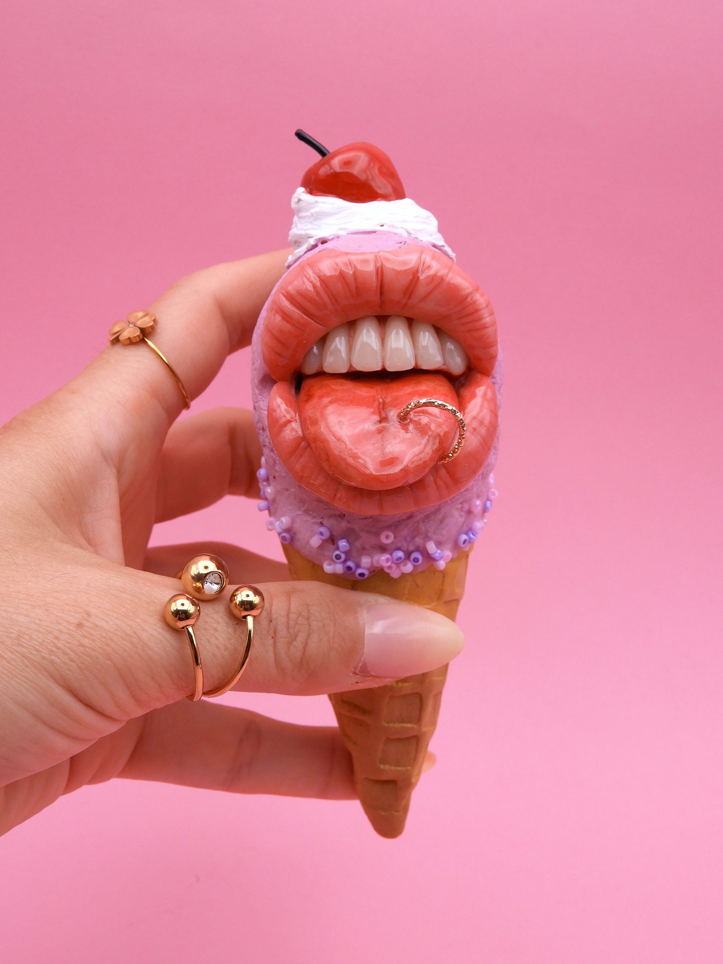 Mini Pop Surreal Ice Cream with Mouth – Weird Sweet Decor – Surrealism Sculpture – Handmade Polymer Clay Art