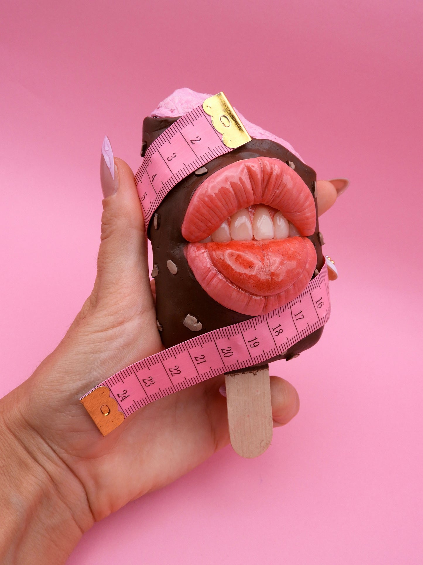 Funny Ice Cream Sculpture with Measuring Tape – Pop Surreal Polymer Clay Art – Handmade Dessert Sculpture – Sweet Therapy – One of a Kind