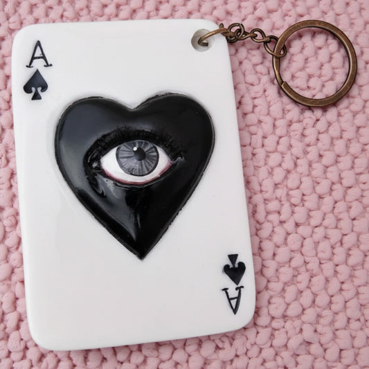 Pop Surreal Ace of Spades with Eye – Weird Bag Charm or Keychain – Surrealism Sculpture – Handmade Resin Art
