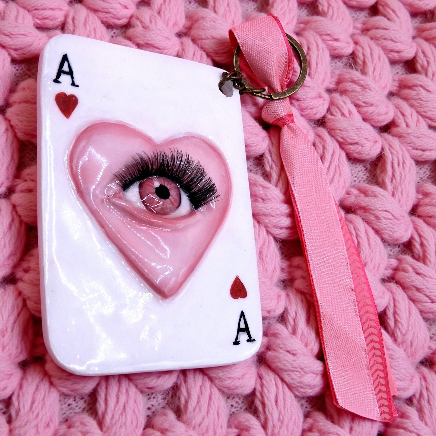 Pop Surreal Ace of Hearts with Eye – Weird Bag Charm or Keychain – Surrealism Sculpture – Handmade Polymer Clay Art
