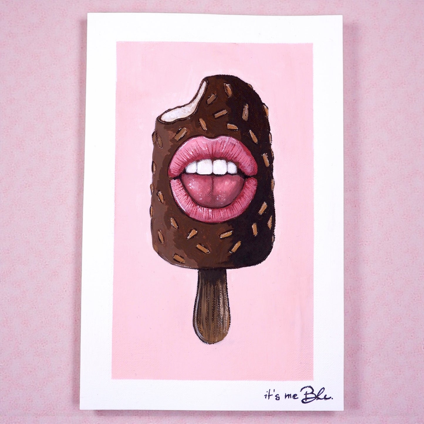 Pop Surreal Ice Cream Stick Painting – Acrylic Art on Canvas Paper – Magnum with Mouth – Whimsical Mini Artwork