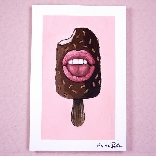 Pop Surreal Ice Cream Stick Painting – Acrylic Art on Canvas Paper – Magnum with Mouth – Whimsical Mini Artwork