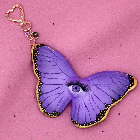 Pop Surreal Butterfly with Eye Bag Charm – Weird Fantasy Accessory – Handmade Art