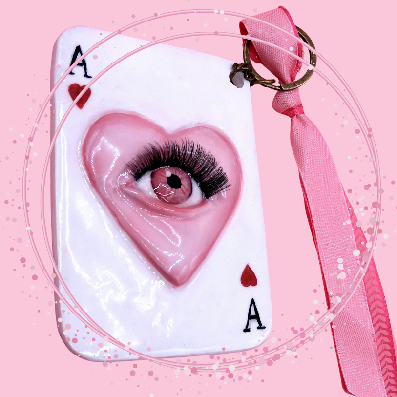 Pop Surreal Ace of Hearts with Eye – Weird Bag Charm or Keychain – Surrealism Sculpture – Handmade Polymer Clay Art