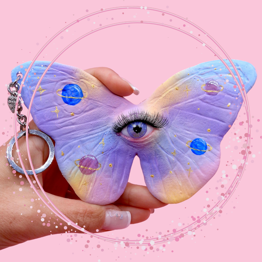 Pop Surreal Butterfly with Eye Bag Charm – Weird Fantasy Accessory – Handmade Art