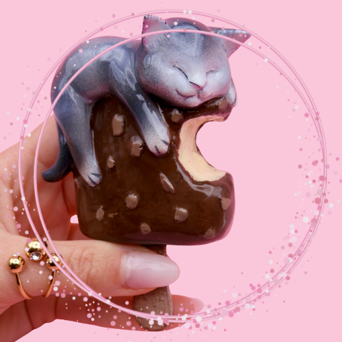 Pop Surreal Ice Cream Stick Sculpture – Little Cat – Handmade Polymer Clay Resin Art